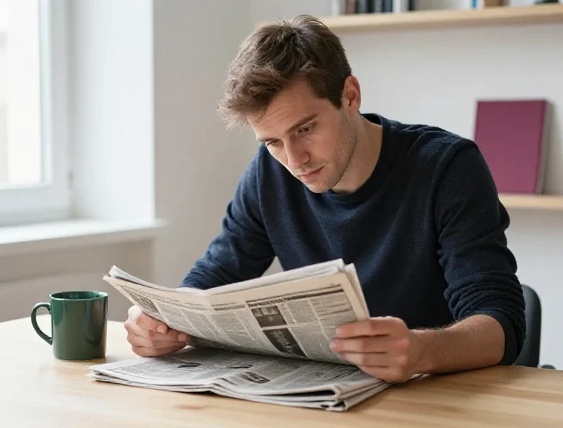 Homme français analysant des documents pour s'informer et mieux comprendre le monde au quotidien.