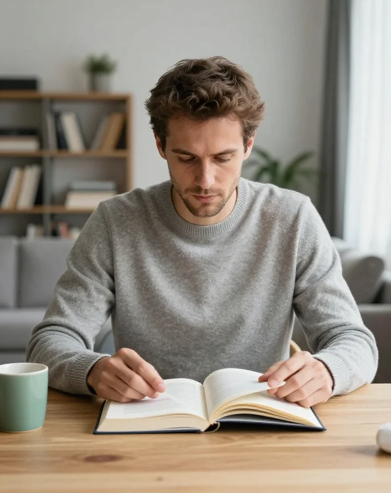 Un homme analyse l'information pour comprendre le monde et faire des choix quotidiens éclairés.